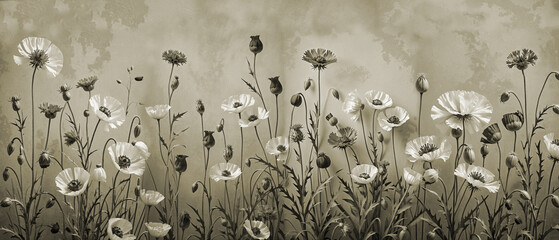 Wallpaper design for the wall. Botanical drawing, plants and flowers. Mural design for the interior. Textile design.