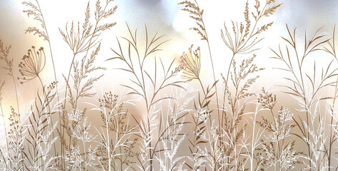 Wallpaper design for the wall. Botanical drawing, plants and flowers. Mural design for the interior. Textile design.