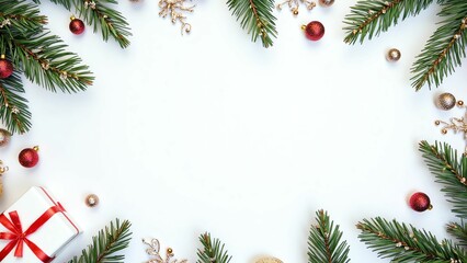 Elegant Christmas Decoration Featuring Pine Branches, Ornaments, and a Beautiful Gift Box on a Clean White Background