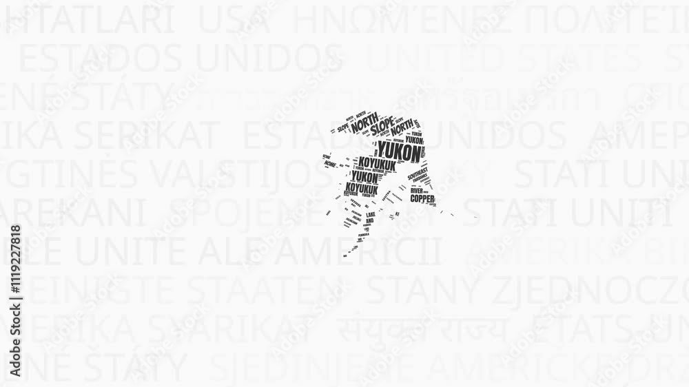 Poster alaska intro animation. state with counties illustration video. background with state names in vario