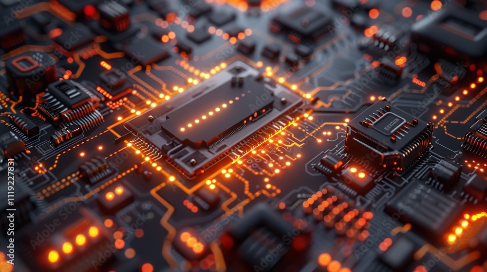 Poster circuit board futuristic server processing code on a technology background, ai generative.