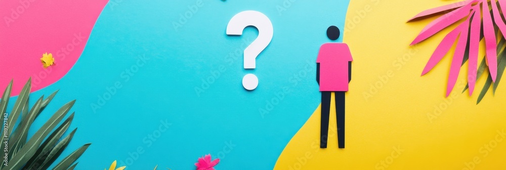 Poster a colorful background features a question mark and a silhouetted figure, suggesting themes of inquir