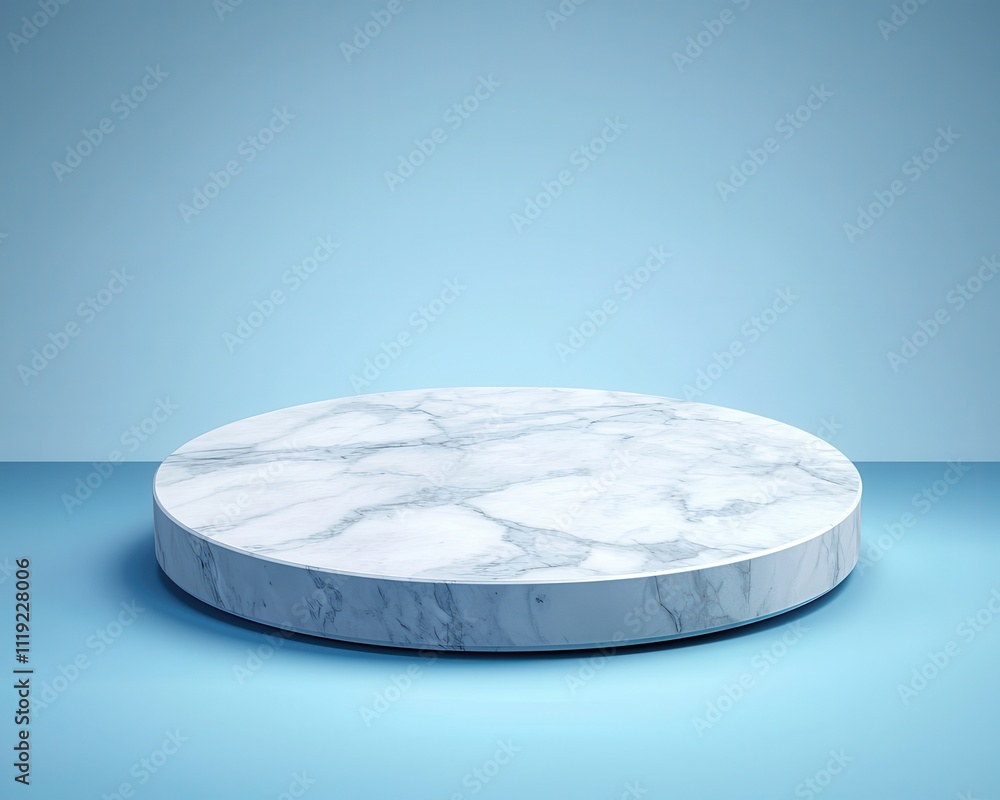 Poster minimalist round marble podium presentation concept. marble display platform on a soft blue backgrou