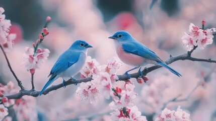 Obraz premium Two bluebirds perched on a branch amidst blooming pink flowers, creating a serene scene.