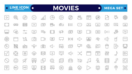 Movie outline icon set. Entertainment and arts icon collection. Contains such Icons as theater, cinema, video, dance, game, music arts, photo, and more. Cinema, Movie. Editable stroke outline icon.