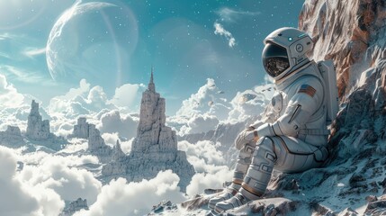 a stunning scene of a futuristic spacesuit, worn by an astronaut, on a space exploration background