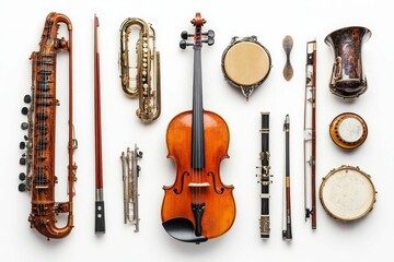Naklejka premium String, woodwind, brass, percussion instruments arranged neatly.