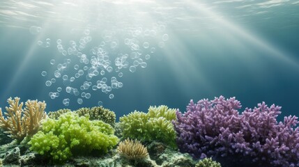 Fototapeta premium A vibrant underwater scene featuring colorful corals and bubbles, illuminated by sunlight filtering through the water’s surface.