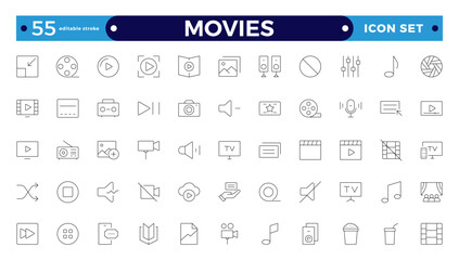 Movie outline icon set. Entertainment and arts icon collection. Contains such Icons as theater, cinema, video, dance, game, music arts, photo, and more. Cinema, Movie. Editable stroke outline icon.