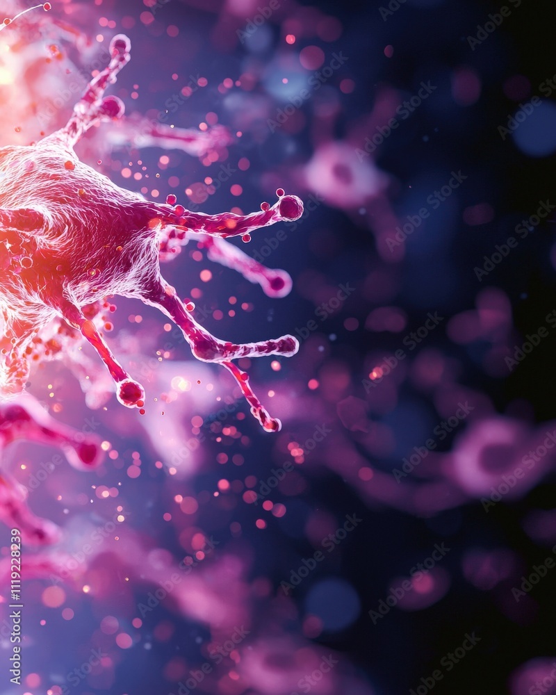 Poster detailed macro view of a virus, showcasing its structure and intricate features with vibrant colors 