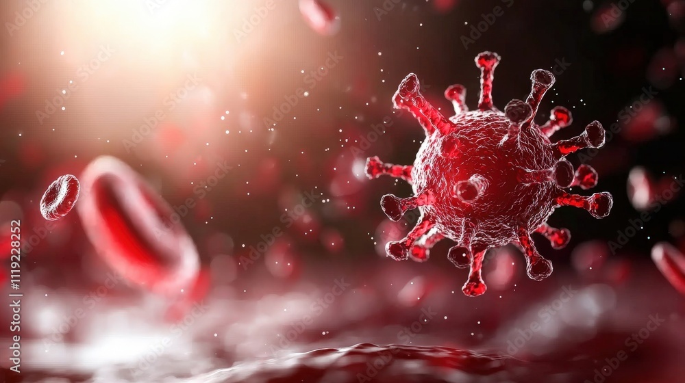 Poster detailed microscopic view of a virus interacting with red blood cells, highlighting the intricate st