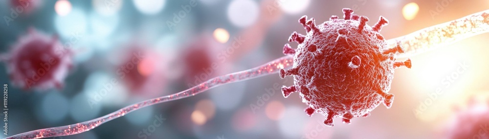 Poster detailed microscopic view of a virus showcasing its structure, highlighting its complexity and impac