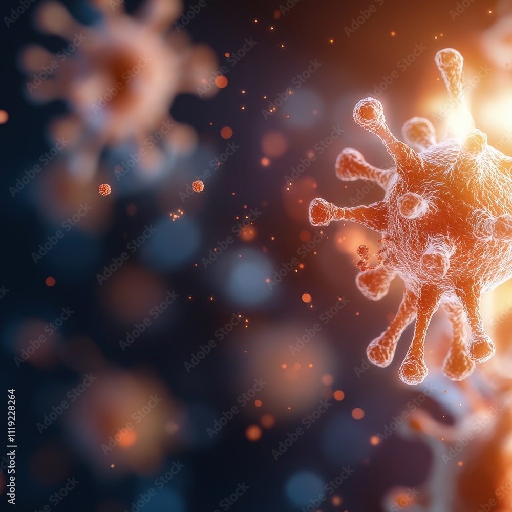 Poster detailed microscopic view of a virus with vibrant colors, illustrating its structure and features in