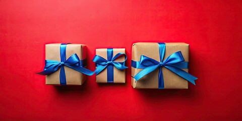 Minimalist Christmas Presents with Blue Ribbons on a Red Background - Holiday Gifts, Festive Decorations, Seasonal Joy, Elegant Simplicity, Gift Wrapping, Minimalism, Christmas Aesthetics