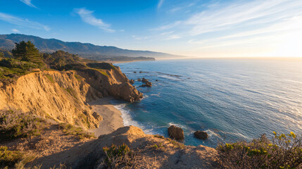 Obraz premium stunning coastal view showcasing cliffs and ocean at sunset, with vibrant colors and serene atmosphere. Perfect for nature lovers and travel enthusiasts