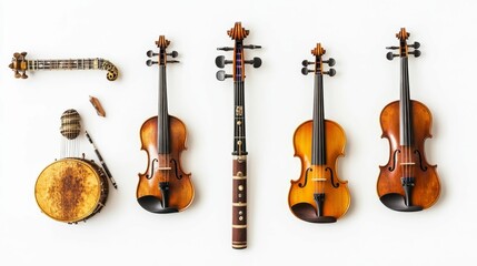 Naklejka premium String instruments, drum, and woodwind displayed.