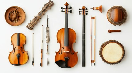Stringed instruments, percussion instruments, bows arranged neatly.