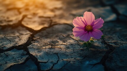 A single pink flower emerges from cracked dry earth, symbolizing resilience in harsh conditions.