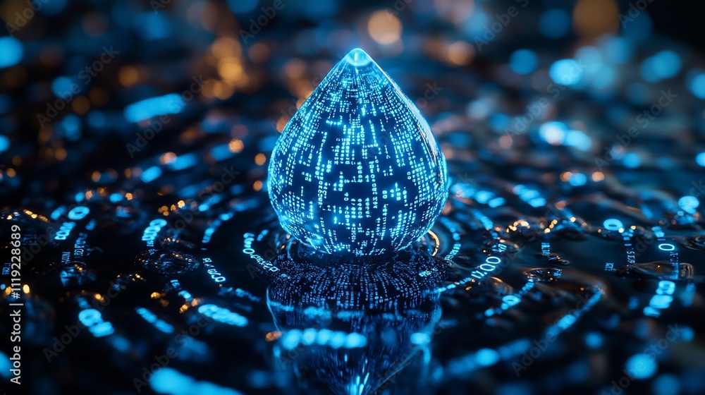 Poster glowing data droplet on tech surface.