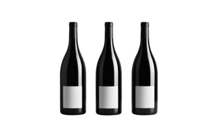 3 wine bottles with labels, empty, isolated on transparent background