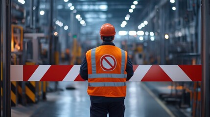 Worker in Safety Gear Blocks Access to Factory Area