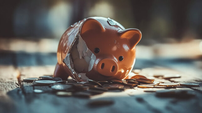 Broken piggy bank with coins scattered around, symbolizing financial struggle and the need for careful budgeting and saving.