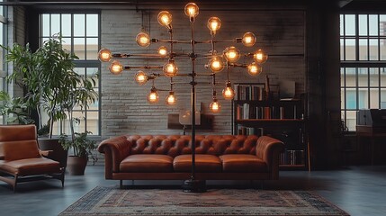 A large industrial pipe floor lamp with adjustable arms and multiple glowing bulbs, placed in a spacious loft with concrete flooring, leather furniture, and a warm vintage vibe,