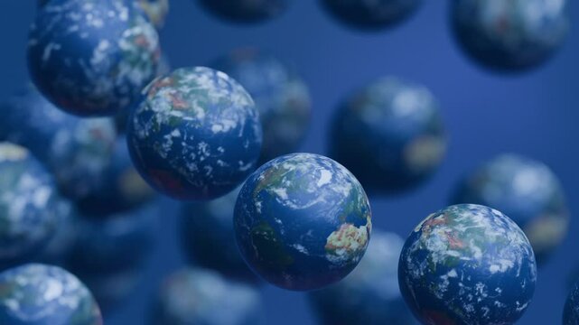 Alternate Versions of Planet Earth flying around in the Multiverse or Parallel dimensions Concept 3D CGI animation 02