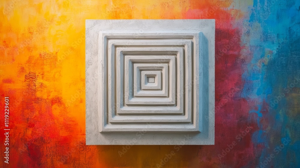 Poster abstract square structure with receding layers against a vibrant multicolored background.