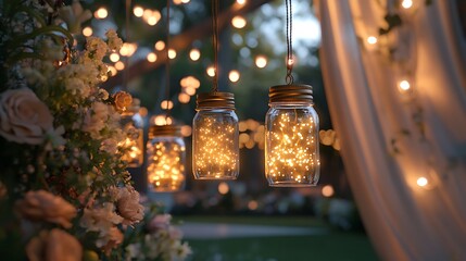 A mason jar fairy light lamp with twinkling gold lights, hanging from a string in an outdoor wedding setting, surrounded by elegant floral arrangements and flowing white drapes,