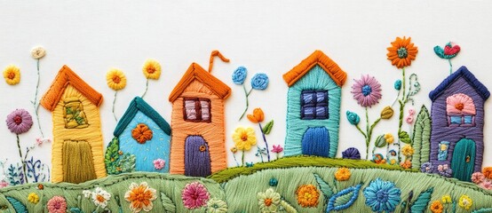 Obraz premium Whimsical Village Embroidery: A charming needlepoint embroidery art piece depicting a row of colorful houses with whimsical details, nestled in a lush green landscape, dotted with bright flowers. 