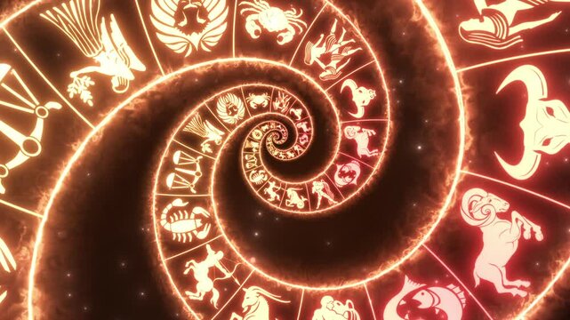 Horoscope Zodiac Sun signs arranged in an infinite double helix Burning Spiral pattern with flames and fire Astrology Animation Motion Background