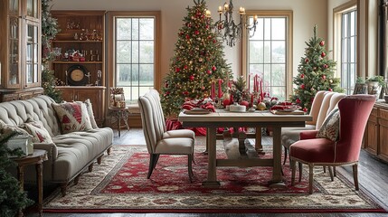 Fototapeta premium Festive Christmas dining room with decorated tree, presents, and red accents.