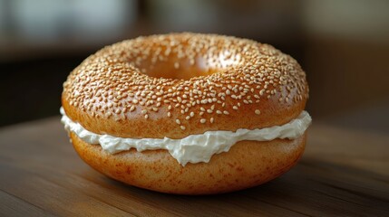 A sesame bagel filled with cream cheese on a wooden surface.