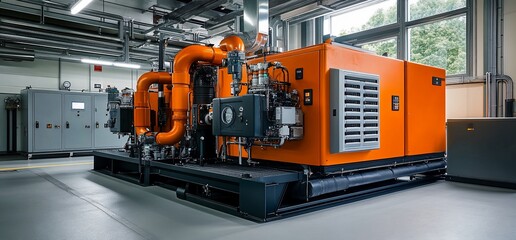 Industrial orange machinery in a facility.