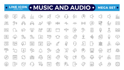 Music and Audio Outline icons set. Media, camera movie, voice, radio, music streaming, photography, headphones, cinema, podcast, broadcasting, content Editable stroke outline icon.
