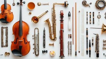 Naklejka premium Orchestral instruments and sheet music arranged neatly.