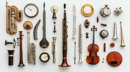 Naklejka premium Musical instruments, clocks, and other objects arranged on white.