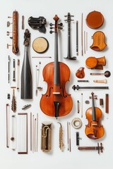 Naklejka premium String, wind, and percussion instruments arranged neatly.
