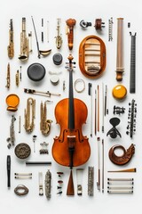 Naklejka premium Disassembled string and wind instruments, parts scattered.