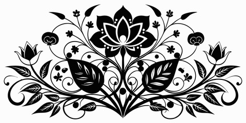 abstract floral design, black and white, symmetrical pattern, stylized flowers, elegant swirls, graphic elements, artistic motif, minimalist décor, botanical theme, modern illustration