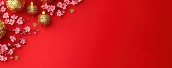 A vibrant red background adorned with golden lanterns and pink cherry blossoms, evoking a festive atmosphere.