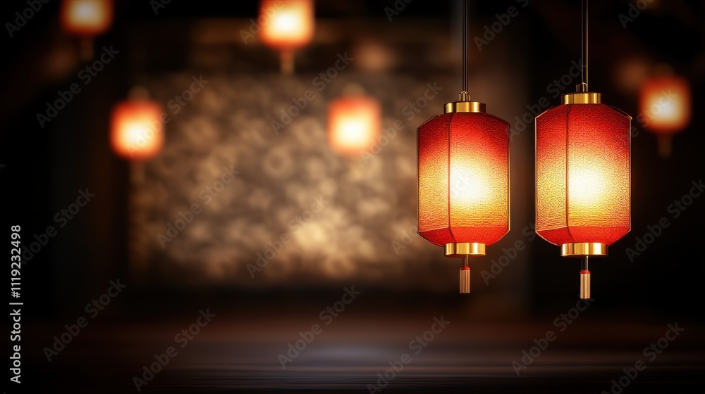 Poster two glowing red lanterns illuminate a dark background, creating a warm and inviting atmosphere typic