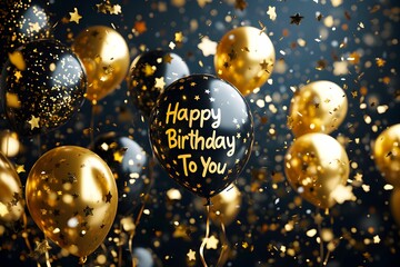 Colorful balloons with a "Happy Birthday" message and golden confetti create a festive atmosphere for a birthday celebration.