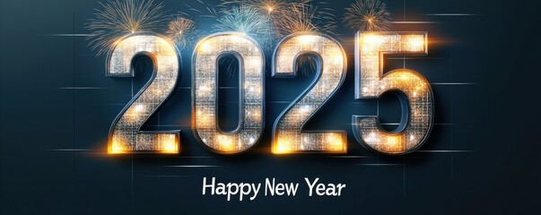 A vibrant New Year 2025 design featuring sparkling fireworks and the message "Happy New Year" in a festive style.