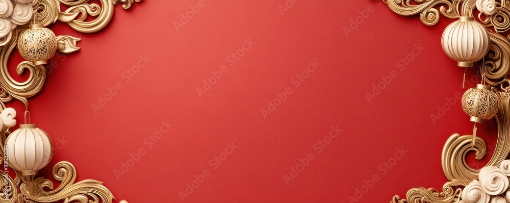 Poster a vibrant red background adorned with intricate golden decorations and lanterns, creating an elegant