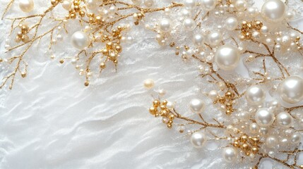 Luxurious combination of pearl decorations and golden accents on a snowy white background for festive elegance