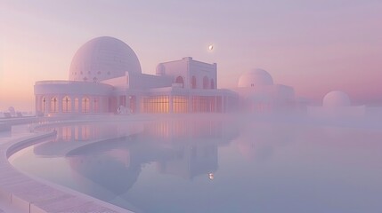 Obraz premium Misty Sunrise over White Architecture Reflecting in Pool.
