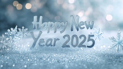 Wishing New Year 2025 illustrated on an elegant silver backdrop adorned with intricate snowflakes and a soft shimmer, creating a wintery and magical atmosphere.
