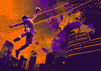 A sports poster banner featuring a volleyball. The abstract background with colorful patterns enhances the dynamic design.